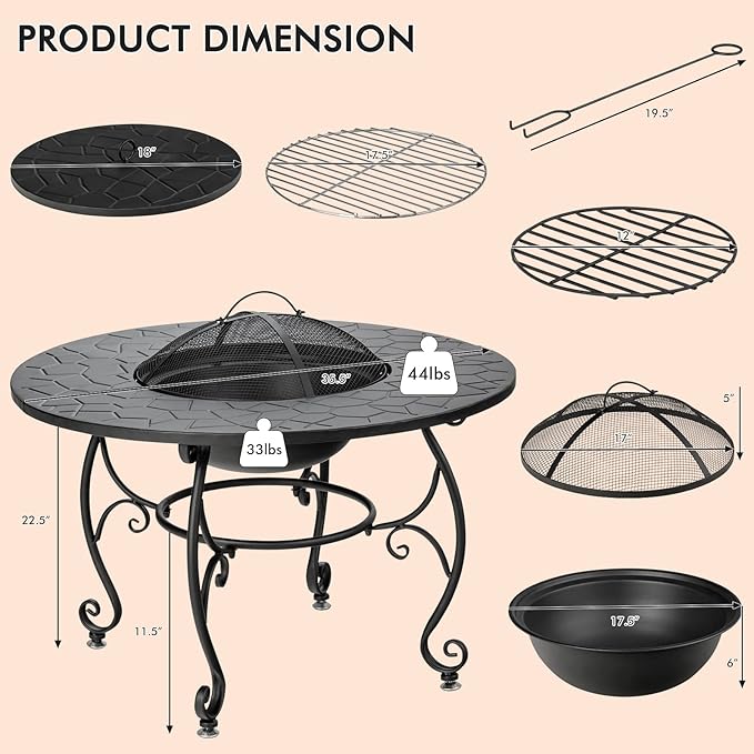 Giantex Fire Pit Table 4-in-1 Outdoor Dining Table 36 Inch Multifunctional Metal Round Patio Table Wood Burning Fire Pits with Cover Grill Grate Poker for Garden Poolside Backyard Fireplace