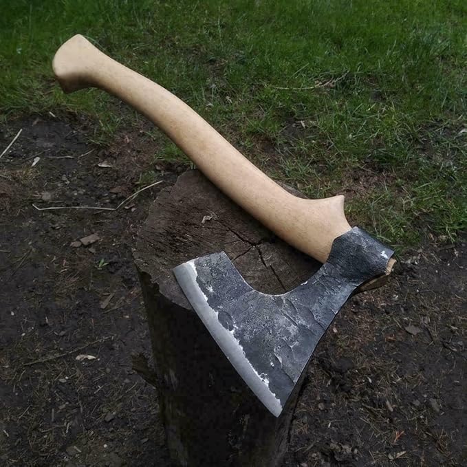 Handmade Carbon Steel Axe – Hand Forged High Carbon Steel Head | Wood Handle Rustic Outdoor Hatchet Viking Style Camping &amp Survival Axe (Axe-6)