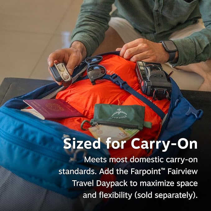 Osprey Farpoint 40L Men's Travel Backpack - Carry On Bag with Laptop Sleeve and Toiletry Pocket Antique Blue