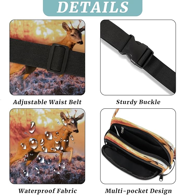 Sunset Deep Woods Elk Waterproof Fanny Pack for Women Men Adjustable Waist Bag with Double Zipper Pockets Lightweight Square Hip Pack for Running Travel Hiking Workout Cycling