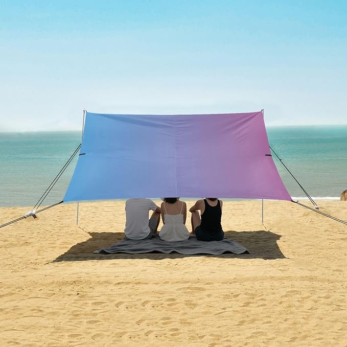 Blue Gradient Foldable Beach Cabana UPF50+ Lightweight Large Sun Shelter Includes Sand Shovel Sandbags Stability Poles for Backyard and Camping