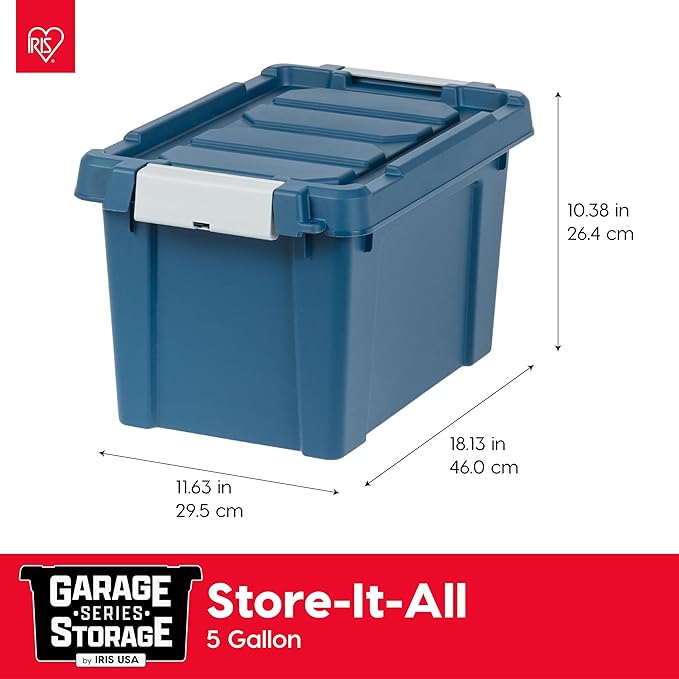 IRIS USA 5 Gallon Eco-Friendly Lockable Storage Bins with Lids 6 Pack - Made in USA Heavy Duty Stackable Containers Garage Organizing Bins Moving Tubs Rugged Sturdy Equipment Utility Box - Navy