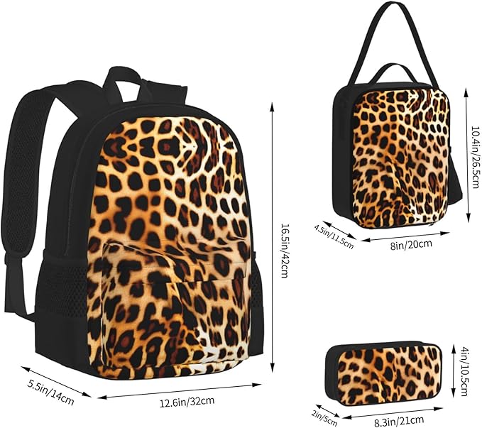 3pcs Backpack Sets Leopard Animal Print Printed Backpacks Set With Lunch Bag Pencil Pouch