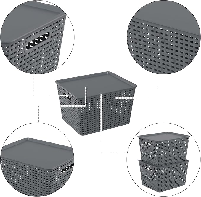 6-Packs Grey Woven Storage Baskets Bins with Lids Plastic Large Stackable Baskets Box 13.58'' x 11.42'' x 8.7''