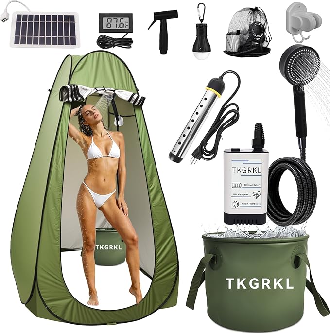 11PCS Portable Shower with Heater for Camping Shower Tent Set 1500W Immersion Heater with Auto Shut-Off 6000mAh Rechargeable Portable Shower with 5 Gallons Foldable Bucket USB Solar Charging Panel
