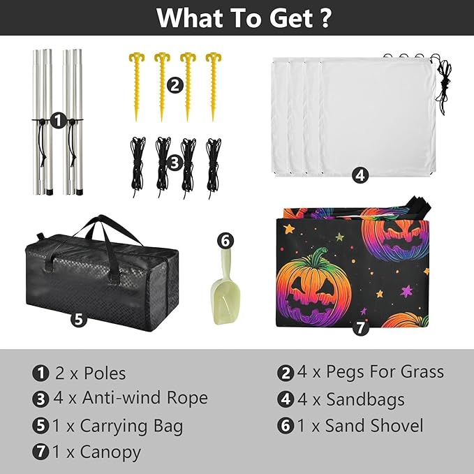 ALAZA Stars Colorful Pumpkins Pattern Beach Tent Sun Shelter UPF50+ Protection Beach Shade Canopy w/ 4 Sandbags for Outdoor Camping Fishing Backyard Fun Picnic 10x9 ft