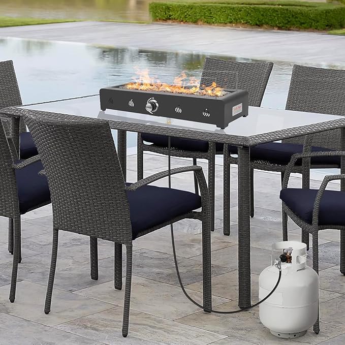 Onlyfire 28'' Tabletop Fire Pit Table Propane Gas Firepit Bottom Mounted for Table with Umbrella Hole Glass Wind Guard and Lava Rock Outdoor Rectangular Smokeless Fireplace
