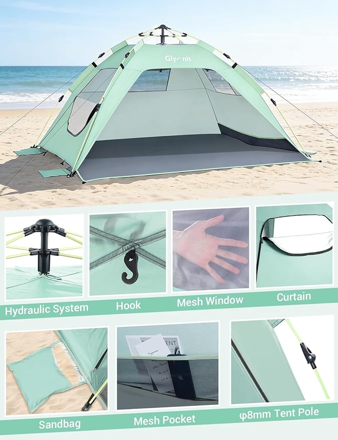 Glymnis Pop Up Beach Tent Sun Shade Shelter for 3-4 Person with UPF 50+ Lightweight &amp Easy Setup Vent Windows &amp Zippered Door Extended Floor Family Instant Beach Tent