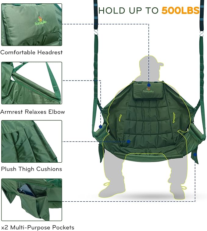 Tranquillo Hanging Hammock Chair Patio Swing Chair Outdoor Swing Chair with Headrest Armrest Cup Holders Porch Swings Outdoor and Hammock Tree Straps Net Moss Green