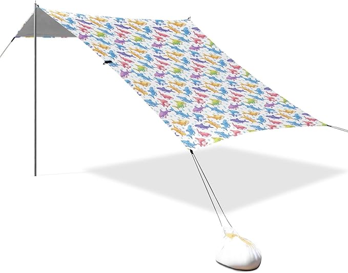 ALAZA Cute Shark Bubble Rainbow Color Beach Tent Sun Shelter UPF50+ Protection Beach Shade Canopy w/ 4 Sandbags for Outdoor Camping Fishing Backyard Fun Picnic 10x9 ft