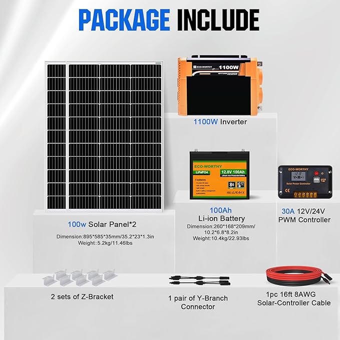 ECO-WORTHY 200 Watt 12V Complete Solar Panel Starter Kit for RV Off Grid with Battery and Inverter: 2pcs 100W Solar Panel + 30A Charge Controller + 100Ah Lithium Battery + 1100W Premium Solar Inverter
