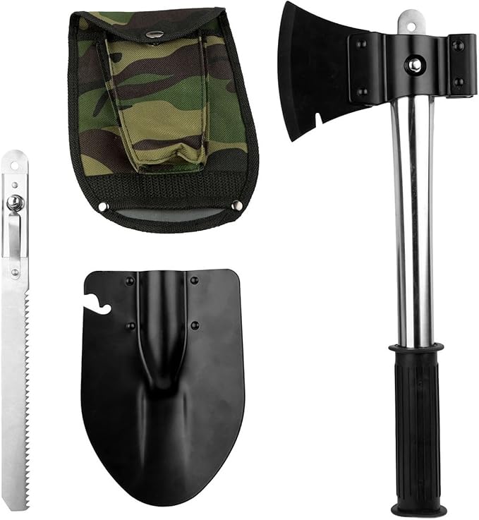 GPCT Emergency Camping Compact Tools Kit (6 In 1 Shovel Axe Knife Saw Bottle Opener Nail Puller with Pouch Tool Snap-On Rubber Handle)