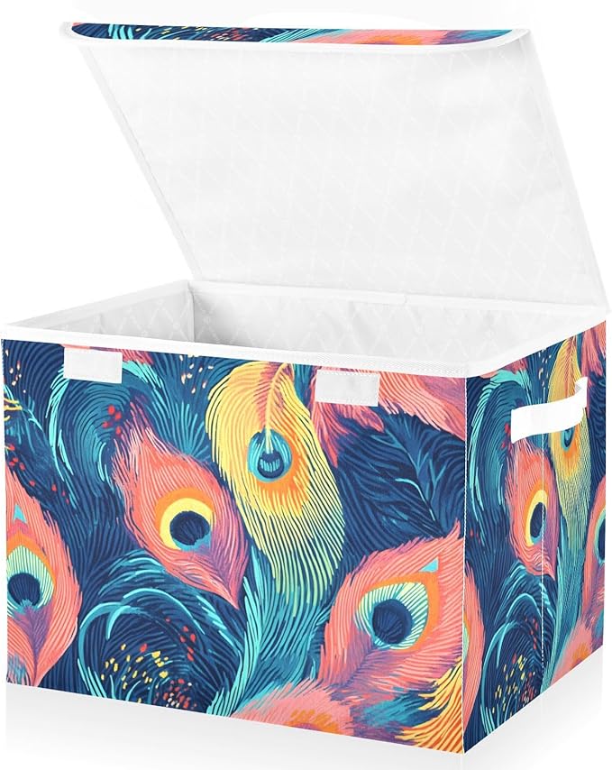 Storage Cube with Lid Pattern Feather Print 16.5×12.6×11.8 IN Collapsible Large Capacity Foldable Storage Basket Bin Organizer