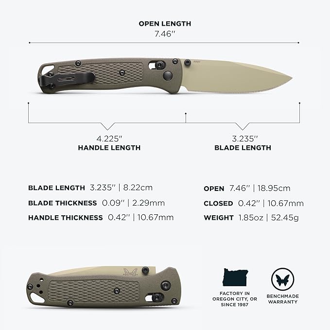 Benchmade - Bugout Outdoor EDC Folding Knife Slim Lightweight Plain Edge Drop-Point Blade CPM-S30V Stainless Steel (58-60HRC) Grivory Handle (535TN-11)