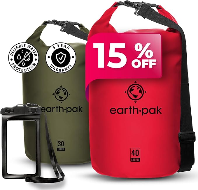 Earth Pak Waterproof Dry Bag - Roll Top Waterproof Backpack Sack (Red 40L &amp Green 30L)