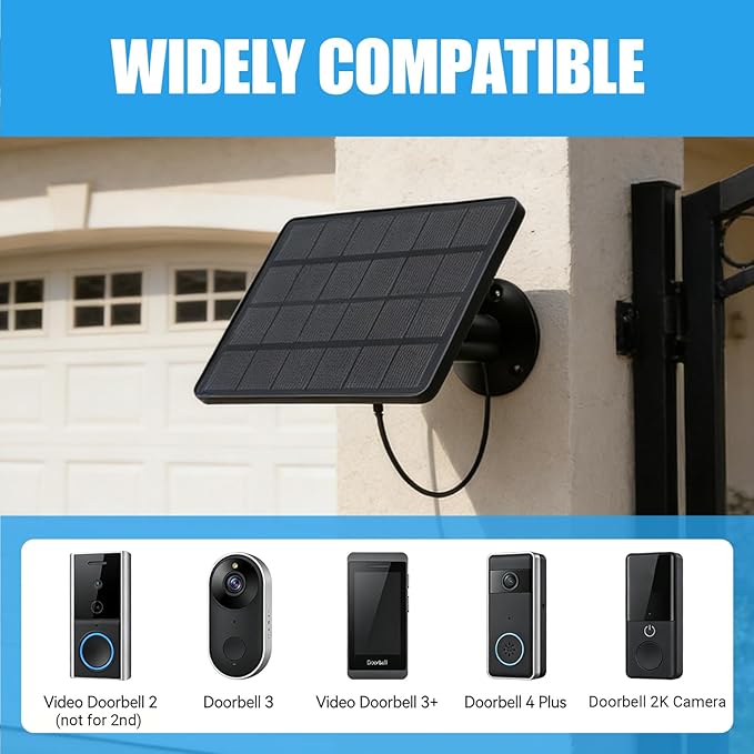 Solar Panel for Ring Doorbell 10W Solar Charger IP66 Waterproof 360° Adjustable for Doorbell 2K Camera Video Doorbell 2 (Not for 2nd) Doorbell 3 Video Doorbell 3+ Doorbell 4 Plus