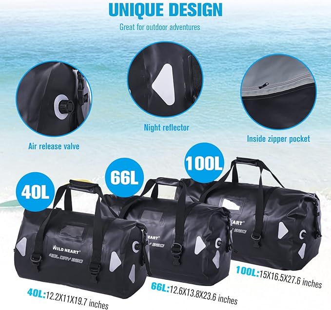 WILD HEART Waterproof Motorcycle Duffel Bag PVC500D Double-bottom With Rope Straps and Inner Pocket 40L 66L 100L for Kayaking Camping BoatingMotorcycle
