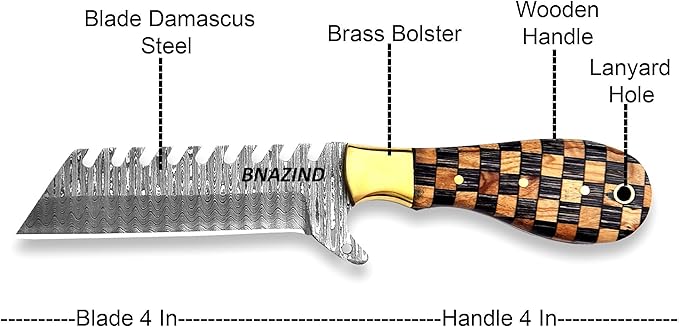 Handmade Damascus Bull Cutter Knife | 8 inch Sharp Western Cowboy Knifes with Pancake Leather Sheath | EDC Fixed Blade Hunting Knives ideal for Skinning Camping and Outdoor Activities