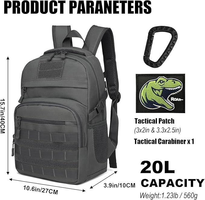 Kids Tactical Backpack Army Molle Bookbag Military Boys Backpack for School Outdoor Camping (Includes 2 Patches +1 Carabiner) Grey