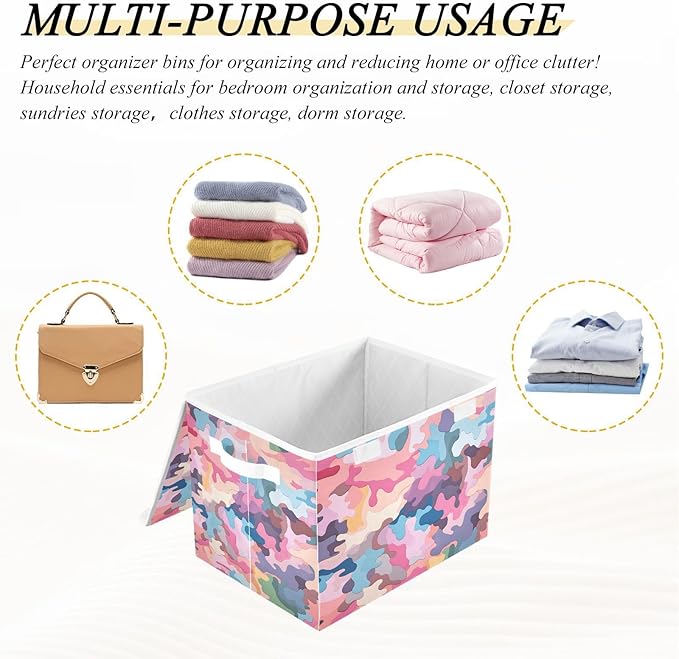 Vivid Camo Storage Cube with Lid Collapsible Fabric Storage Bins Basket with Handle for Home Bedroom Closet Office 16.5×12.6×11.8 in