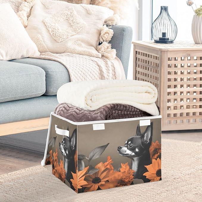AIXIWAWA Lidded Storage Cube (Little Dog Flower) Fabric Foldable Closet Bins with Flip Lid and Handles Organizer Basket Container 16.5 x 12.6 x 11.8 IN