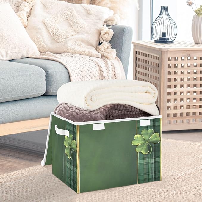 Storage Baskets with Lids Green Plaid Clover Collapsible Bins Stackable Fabric Linen Baskets Closet Organizer Container 16.5x12.6x11.8