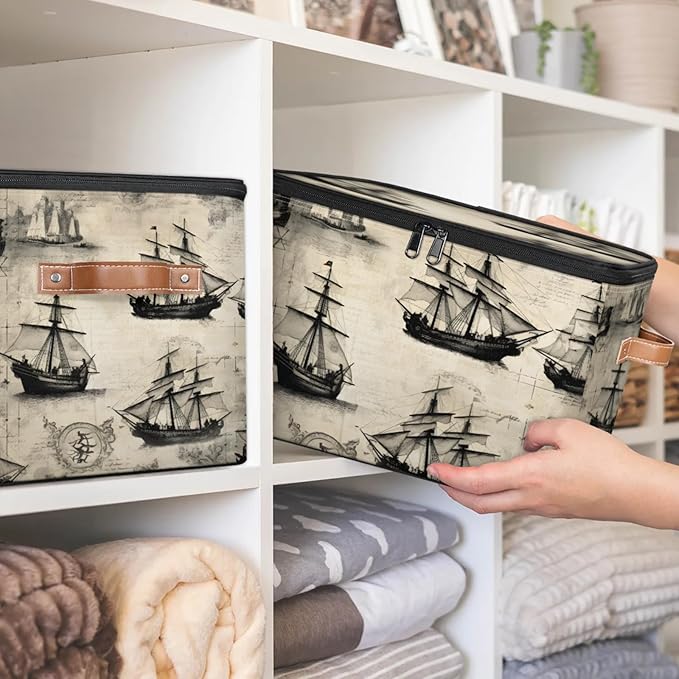 Storage Bins with Lids Retro Ship Storage Basket Clothes Organizer with Handles Closet Storage Containers for Clothing Bedding Blanket
