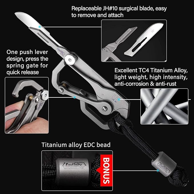 KeyUnity KU00 Titanium Quickdraw Carabiner with Folding Knife B Shaped EDC Multifunctional Keychain with 2 Inch Ruler Palm Sized Lightweight Stainless Body Perfect for Home/Office/Camping