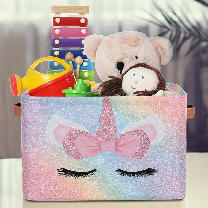 Pardick Unicorn Face Pink Basket Storage Bins Large Fabric Toys Storage Cube Box with Handles Collapsible Closet Shelf Cloth Organizer Basket for Nursery Bedroom Bathroom Holiday Gift