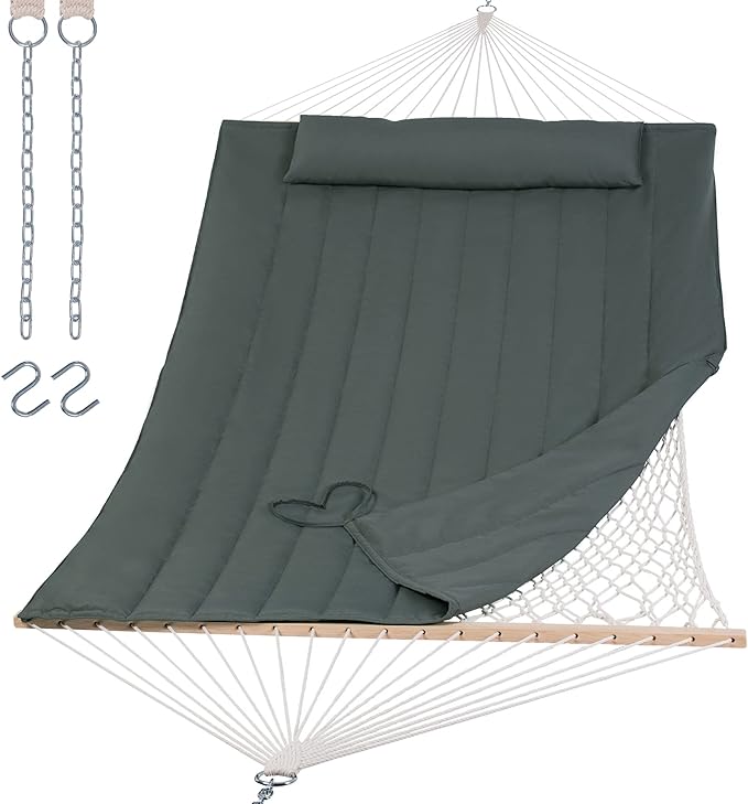SUNCREAT Portable Double Rope Hammock with Pad Two Person Tree Hammock for Garden Backyard Patio Poolside Gray Green