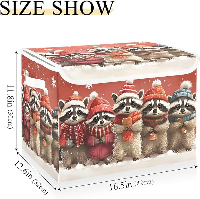 AIXIWAWA Lidded Storage Cube (Christmas Raccoon) Fabric Foldable Closet Bins with Flip Lid and Handles Organizer Basket Container 16.5 x 12.6 x 11.8 IN