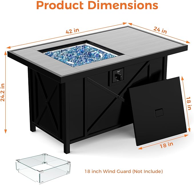 BALI OUTDOORS 42 inch 50000 BTU Rectangular Propane Gas Fire Pit Table with Fire Glass and Table Lid Fire Pits Outdoor for Garden Patio Backyard