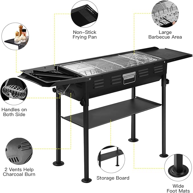 comzenz 35’’ Portable Charcoal Grill Folding BBQ Grill for Outdoor Grilling Cooking Camping Hiking Picnics Tailgating Backpacking Party With Storage Bag &amp Non-Stick Frying Pan Matte Black