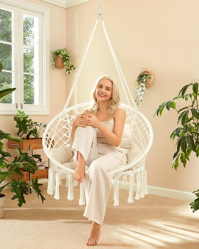 Greenstell Hammock Chair Macrame Swing Chair with Comfy Cushion Boho Hanging Chair for Outdoor &amp Indoor Perfect for Bedroom Patio Balcony Hold up to 350Lbs White