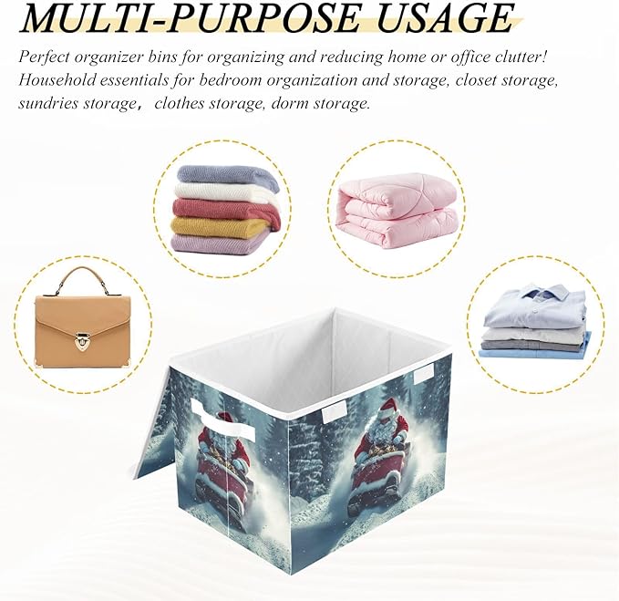 Storage Cube with Lid Skating Santa Christmas Print 16.5×12.6×11.8 IN Collapsible Large Capacity Foldable Storage Basket Bin Organizer