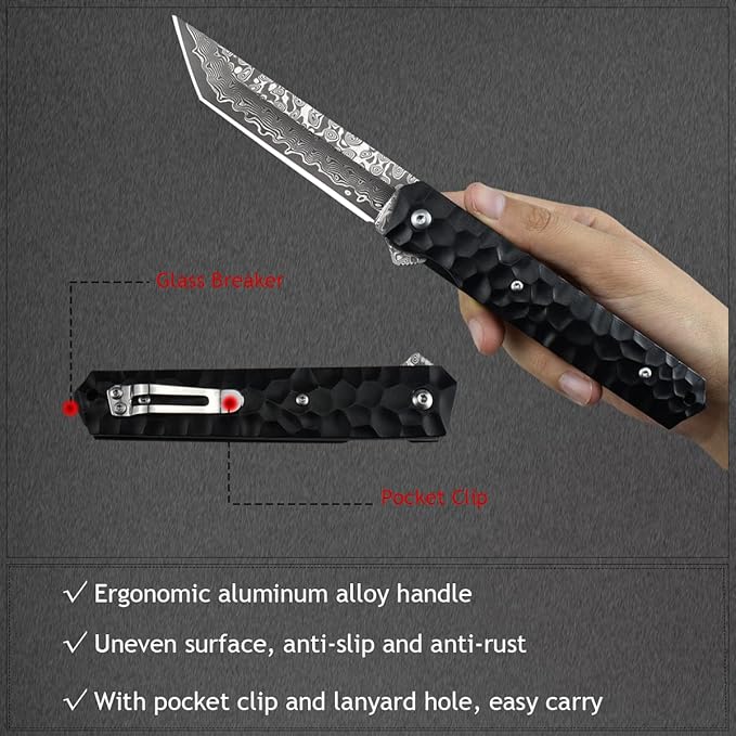 AUBEY Damascus Pocket Knife Tanto VG10 Core Damascus Steel Folding Knives with Ball Bearing Aluminum Alloy Non-Slip Handle and Glass Breaker EDC Damascus Knife for Men Women (Black)
