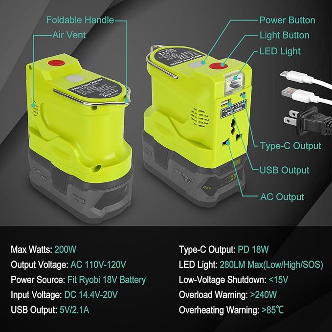 DC 18V to AC 110V Power Inverter Compatible with Ryobi One 18V Battery 200W Portable Modified Sine Wave Power Inverter Converter with LED Light USB and Type-C Port(No Battery)