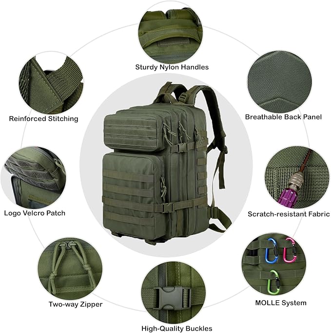 56L Tactical Backpack Military Molle Backpack Army 3 Day Waterproof Durable Hiking Rucksack for Men 24H Outdoor Survival Bug Out Bag for Camping Travel Hunting Army Green
