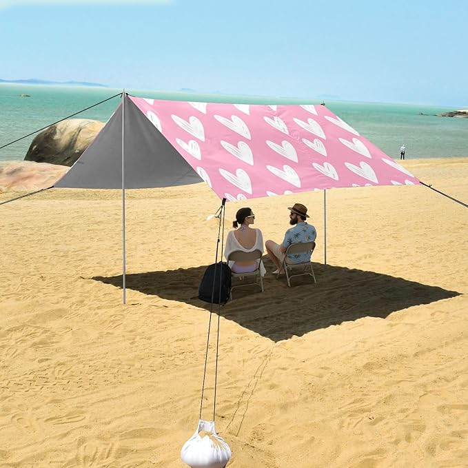 Beach Canopy with Windproof Ropes &amp Sandbags Beach Tent Sun Shade Sun Shelter for Camping Trips Fishing Backyard Fun or Picnics Heart