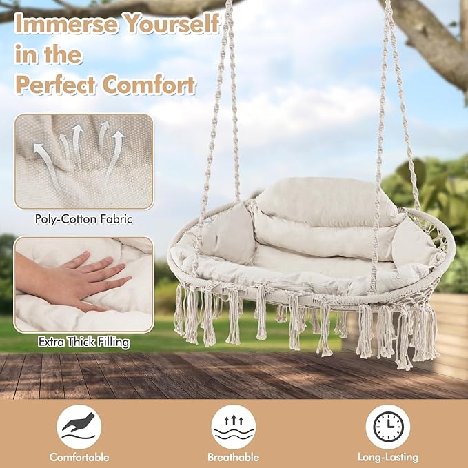 Tangkula 2-Person Hanging Hammock Chair Boho Style Macrame Hammock Swing with Soft Cushions Tassels Indoor Outdoor Cotton Rope Hanging Swing Chair for Bedroom Porch Balcony