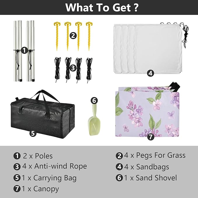 xigua Purple Flower Beach Tent Sun Shelter with Carrying Bag - Silver Coated Oxford Fabric Beach Canopy for Beach Camping Fishing - Includes Windproof Ropes Sandbags &amp Stakes