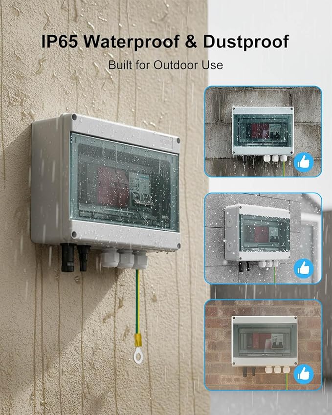 600V Solar DC PV Combiner Box 1 String with Lightning Arrester Connector for On/Off Grid Solar Panel System 1 Input 1 Out 32A Fuse 63A Circuit Breaker Waterproof ABS Enclosure
