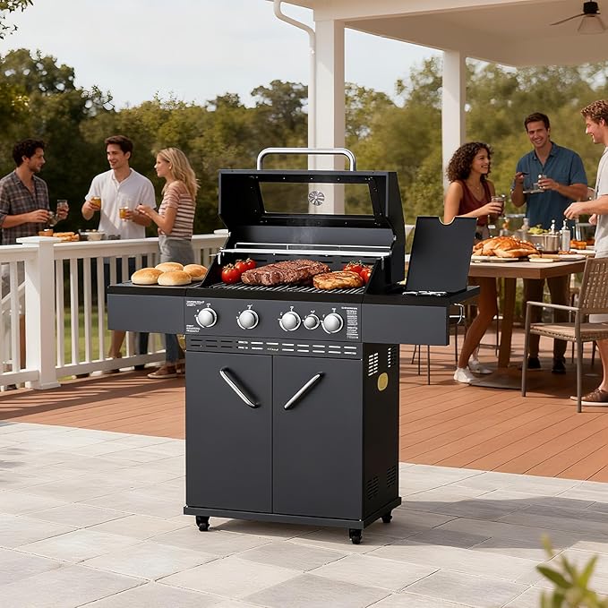 4 Burners Propane Gas Grill with Side BurnerStainless Steel Grill Outdoor Patio Garden Barbecue Grill with Clearview Oil Tray Built-in Thermometer for Barbecue Camping Patio Backyard