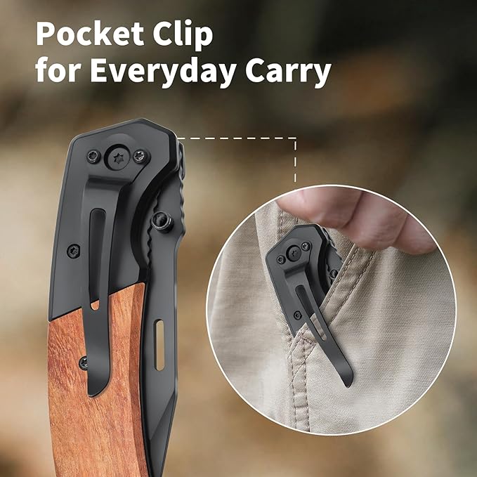 Vickay Pocket Knife Folding Knife with Clip - 3.54″ Black Serrated Steel Blade Wood Handle EDC Knife for Men &amp Women Outdoor Camping Tactical Hunting Hiking Survival - Father’s Day Gift