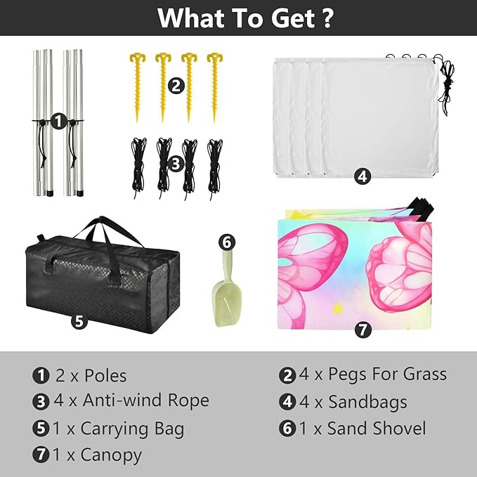 xigua Butterflies Beach Tent Sun Shelter with Carrying Bag - Silver Coated Oxford Fabric Beach Canopy for Beach Camping Fishing - Includes Windproof Ropes Sandbags &amp Stakes