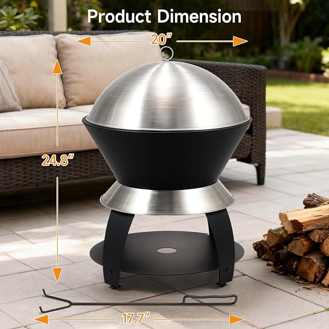 ONBRILL 20 Inch Smokeless Firepit Outdoor Fire Pit with Waterproof Lid Removable Ash Pan Handbag 2 in 1 Stainless Steel Potable Fire Pits for Outside Wood Burning Bonfire Camping Picnic Black