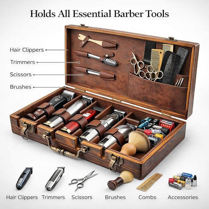 Professional Barber Tool Case Wooden Hairdressing Organizer with Metal Lock &amp Handle Portable Storage Box for Clippers Scissors &amp Accessories