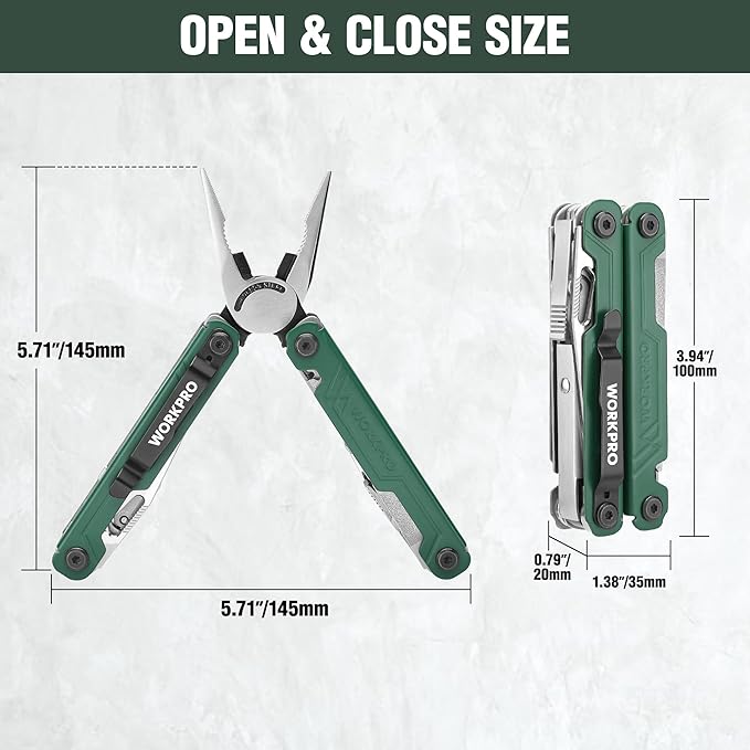 WORKPRO 18-in-1 Multi Tool Pliers Gifts for Men Stainless Steel EDC Multitool with Pocket Knife 2 Safety Locks Belt Clip and Oxford Pouch Utility Multiuse Tool for Camping (Pack of 2)