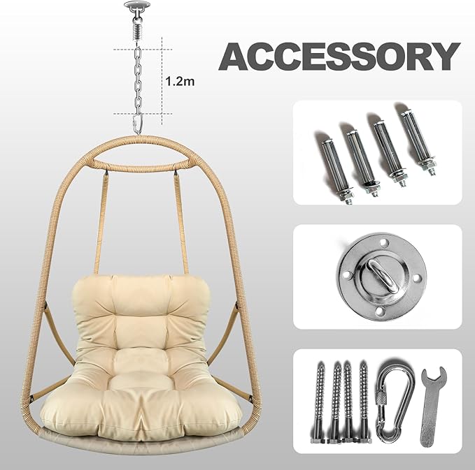 JESE Swing Egg Chair Without Standwith Removable Cup Holder - 300LBS Capacity All-Weather Hanging Chair for Indoor/Outdoor Patio Garden &amp BalconyKhaki