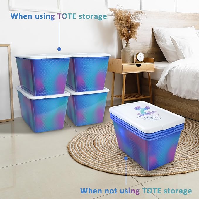 Storage Organizer Bins with Lids - 4PC 58QT Heavy-Duty Container Boxes Stackable and Nestable Storage Bins Plastic Large Storage Totes Rainbow Mermaid Bins for Home Office and Garage